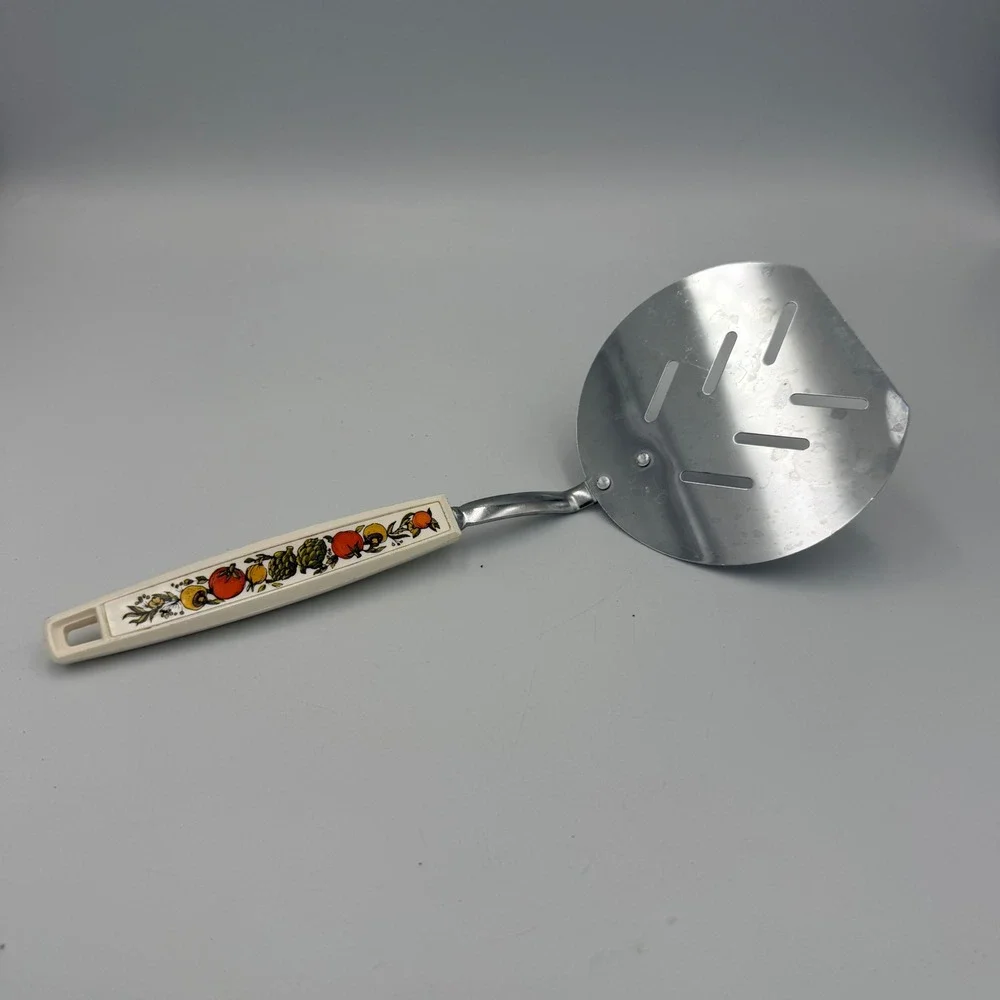 Vintage Stainless Steel Slotted Spatula Turner Fruit Vegetable Pattern Handle